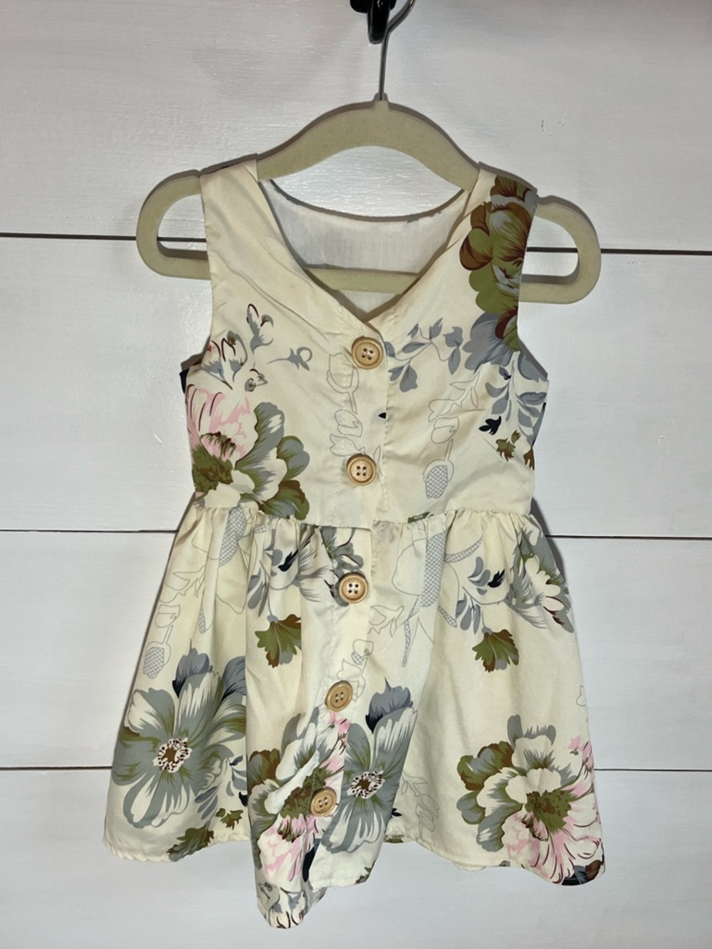 Cream Floral Button-Front Girls Dress with Green Accents